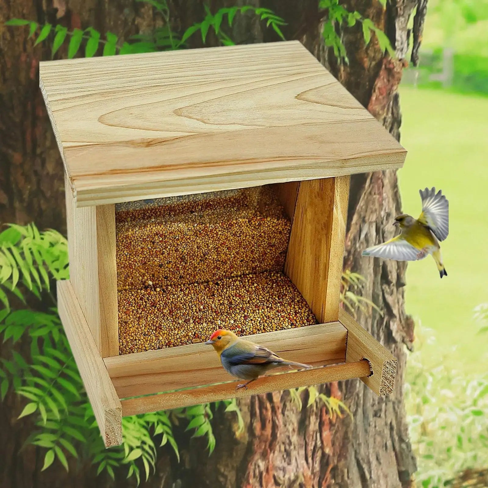 Wooden Bird Feeder with Perch - Birds and Animals