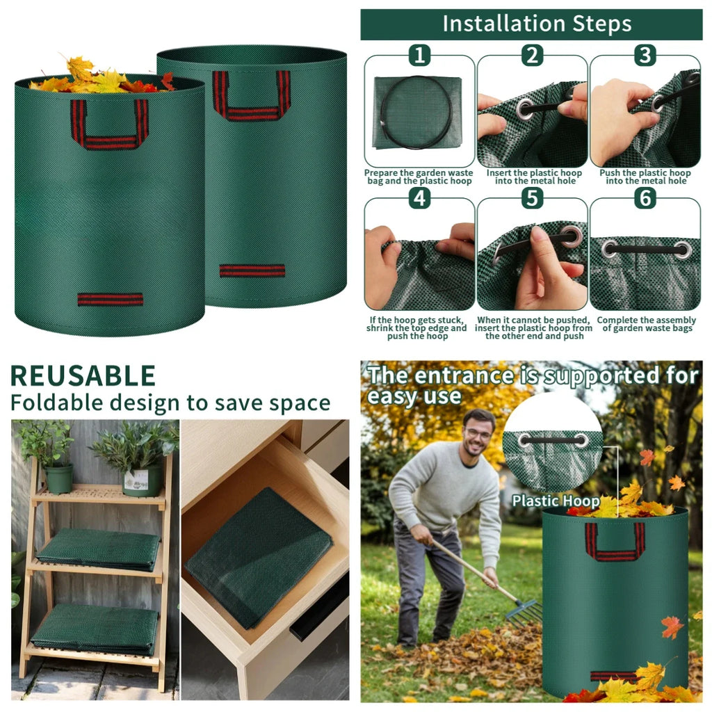 Garden Waste Bag 120/300/500L Large Garden Bag Reusable Waterproof Leaf Sack Weed Trash Can Container