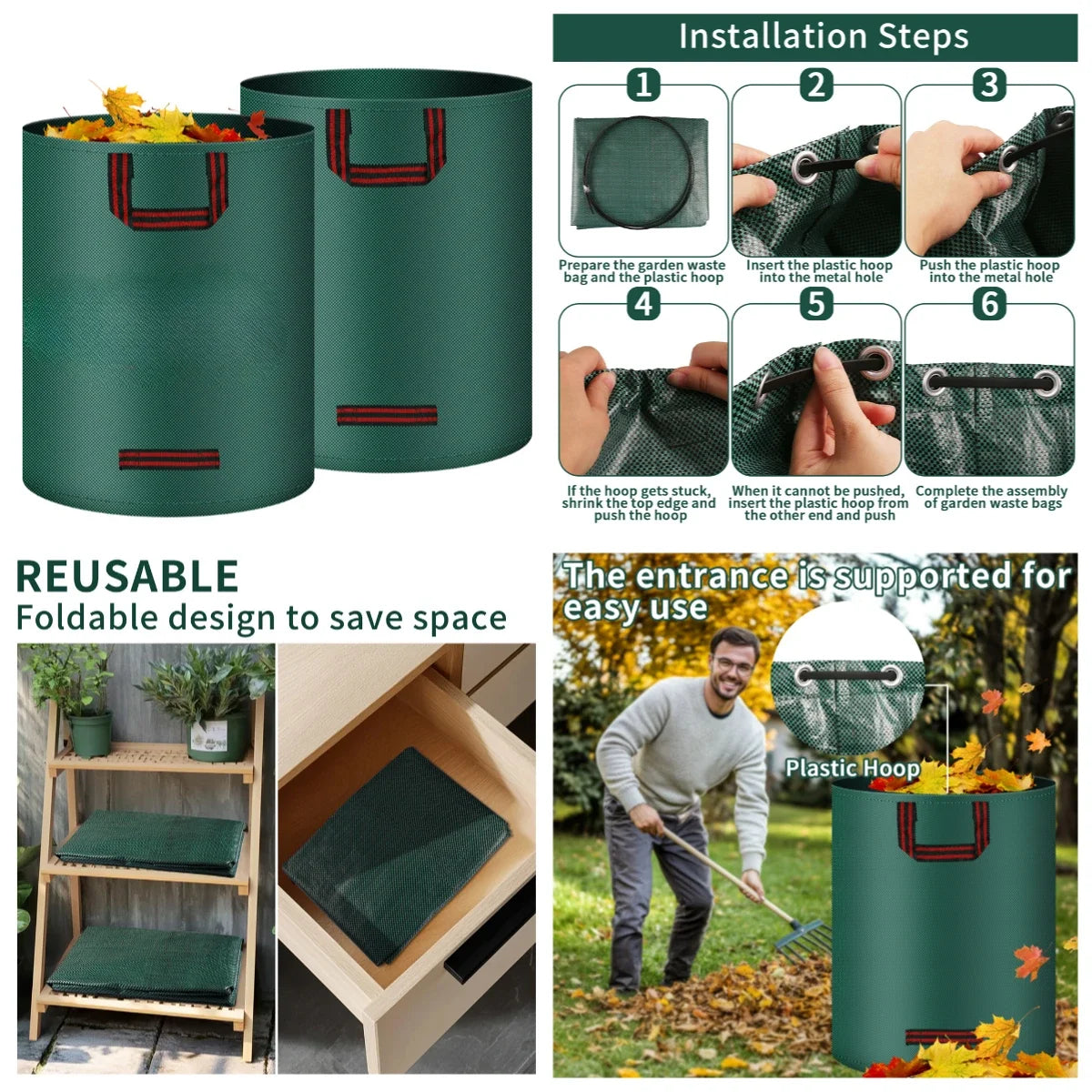 Garden Waste Bag 120/300/500L Large Garden Bag Reusable Waterproof Leaf Sack Weed Trash Can Container