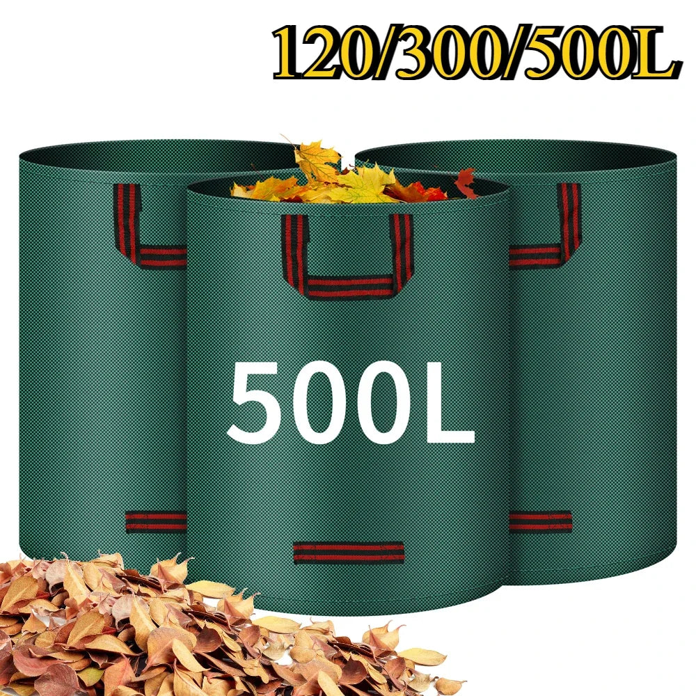 Garden Waste Bag 120/300/500L Large Garden Bag Reusable Waterproof Leaf Sack Weed Trash Can Container
