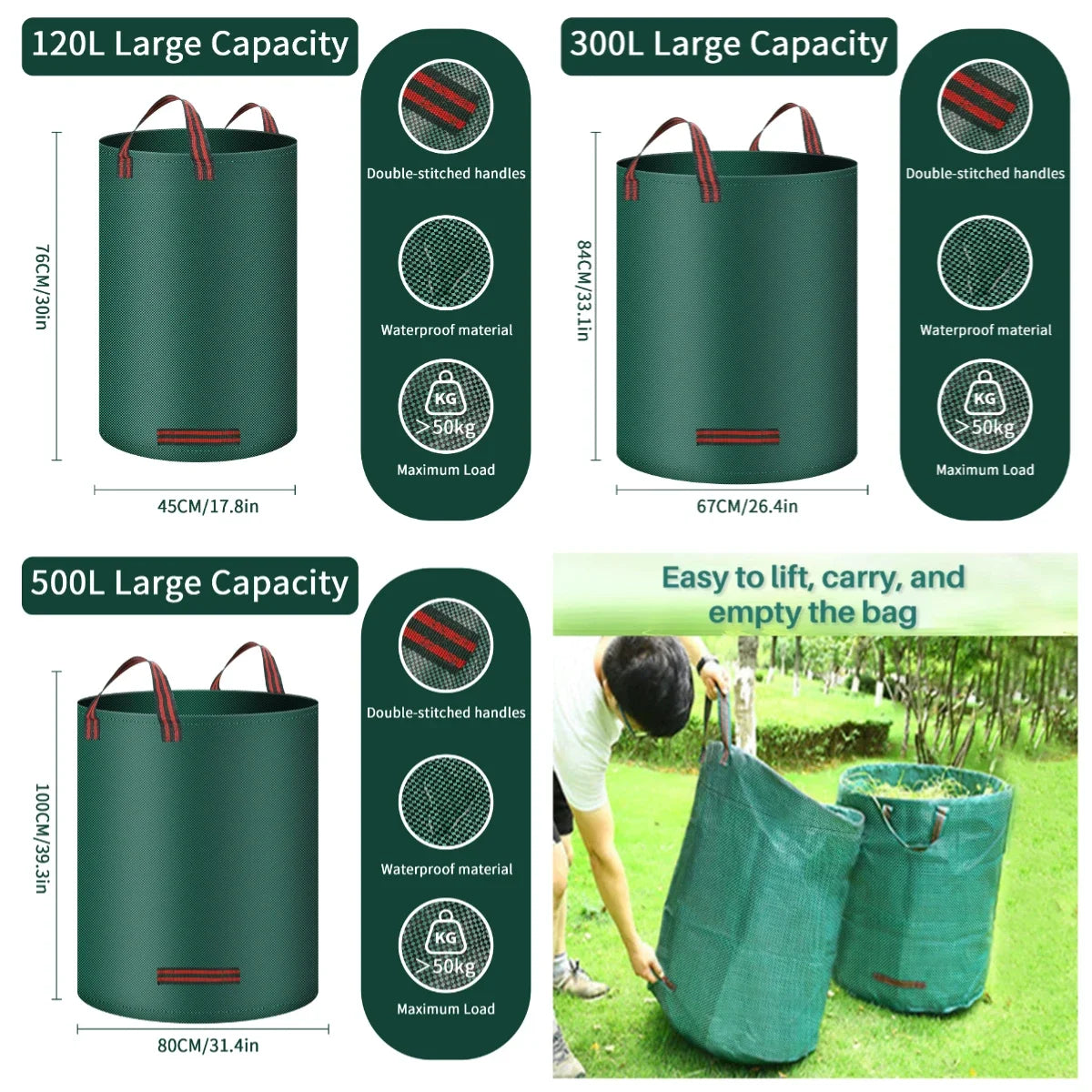 Garden Waste Bag 120/300/500L Large Garden Bag Reusable Waterproof Leaf Sack Weed Trash Can Container
