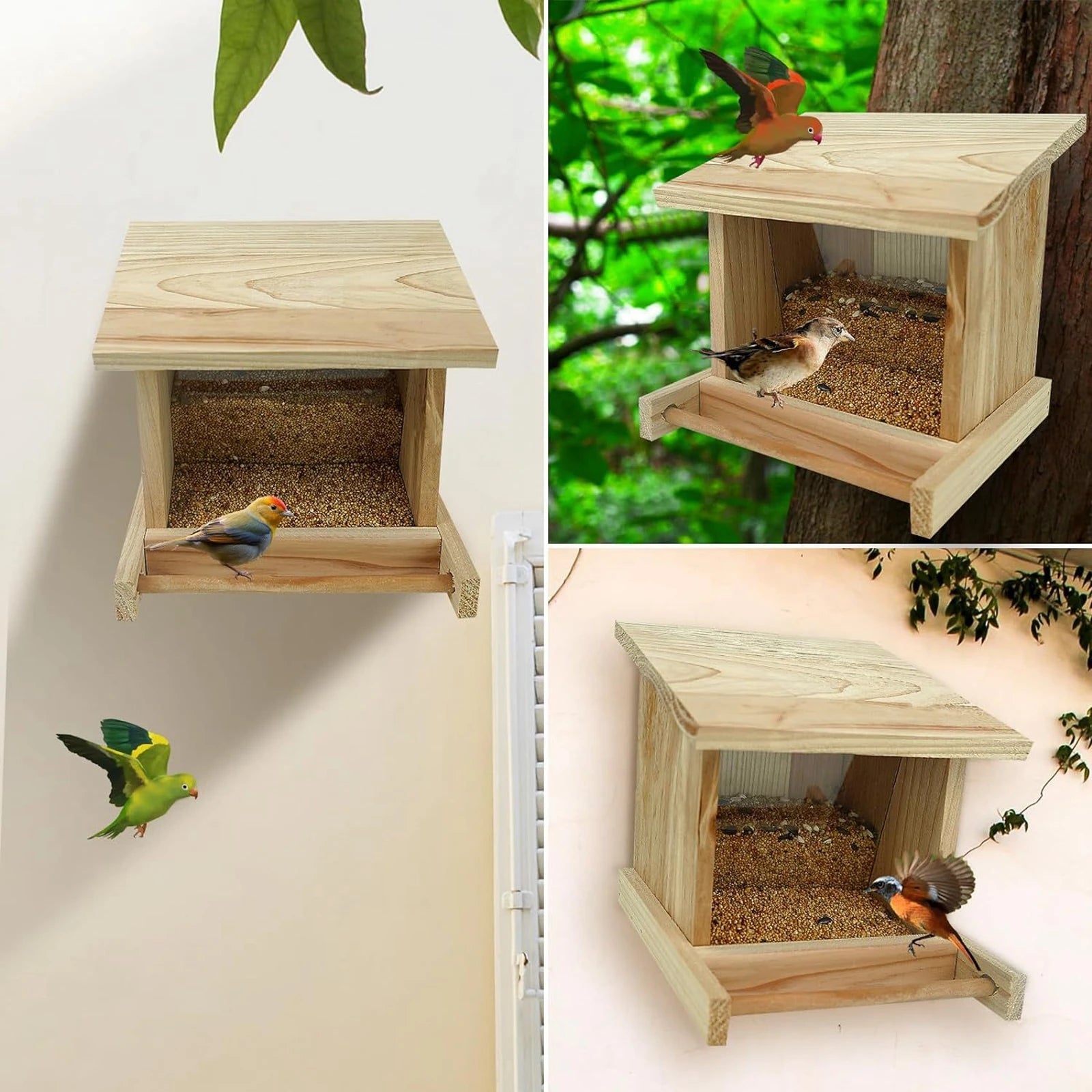 Wooden Bird Feeder with Perch - Birds and Animals
